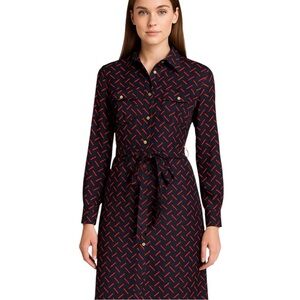 Elizabeth McKay Shirt Dress Black Red Geometric Print Belted
